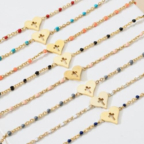 ZMZY Boho New Fashion Rosary Style Heart Cross Bracelet Enamel Beades Gold Color Stainless Steel Chain Bracelets for Women Girls