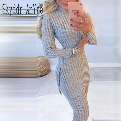 Autumn Winter 2 Piece Set Womens Knitted Tracksuit Slit Long Tops And Bodycon Female Pants Sets Womens Outfits