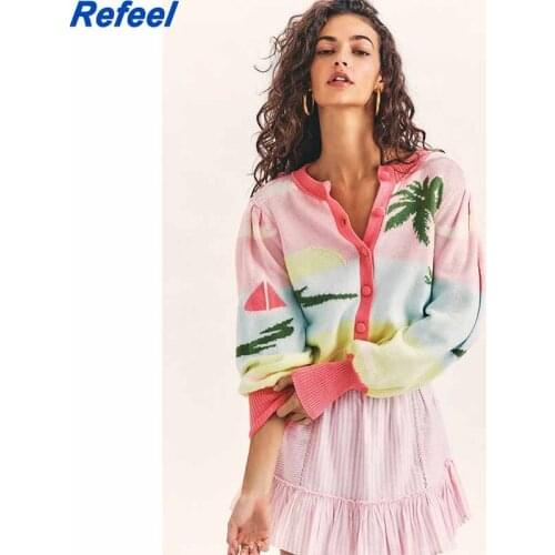 Women Cardigan New Autumn Landscape Print Long Sleeve Knitted Cream Jacket Coat Femme Winter Thick Casual Sweater