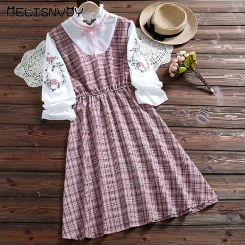 Japanese Preppy Style Autumn Women Mini Dress Ruffled Collar Contrast Color Plaid Loose Dress Floral Embroidery Kawaii Students