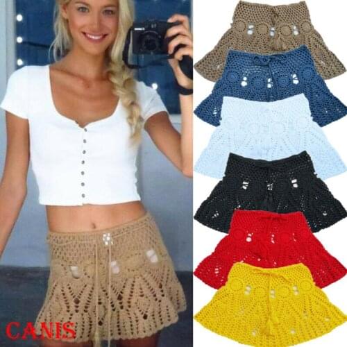 US Womens Sexy Ladies Bikini Short Knit Skirt Swimwear Hollow Out Beach Swimming Casual Short Mini Dress Yellow Red Blue Khaki
