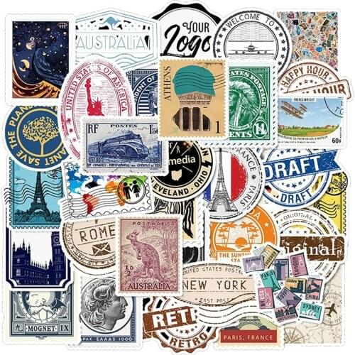 50PCS Travel Stamp Retro Stickers Skateboard Suitcase Guitar Luggage Motorcycle Laptop Travel Waterproof Decal Sticker for Kids