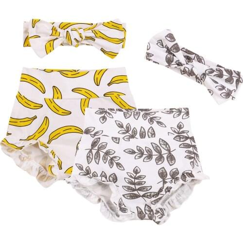 Infant 2Pcs Infant Summer Outfit, Banana/Leaf Printing Elastic High-Waist Frilly Shorts + Bowknot Headband for Baby, 6-24 Months