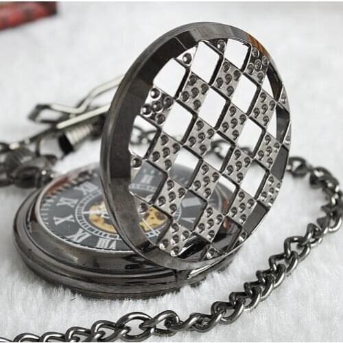 5pc/lot Vintage Black Steampunk Roman Dial Skeleton Full Metal Windup Mechanical Pocket Watch With Chain Pendant