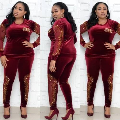 Velvet Two Piece Set African Clothing For Women Fashion Elastic Embroidery Hot Rhinestone Sweaters Tops Pants Suit Elegant 2021