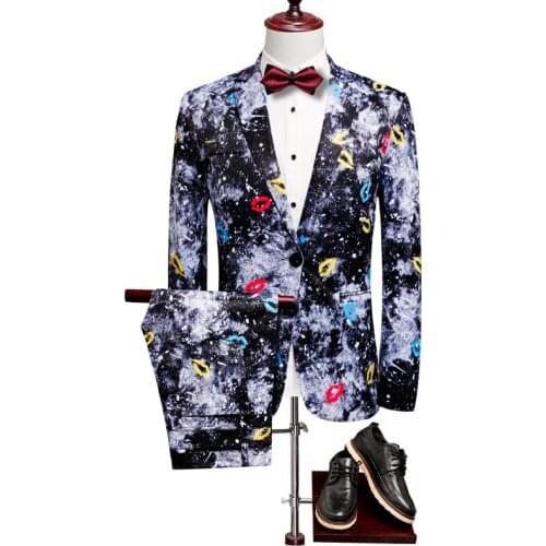 British Style Designs Lip Print Casual Terno Masculino Dress Suits 2pc Men Suit Fashion Slim Fit Coat Pant Blazer Set Clothing