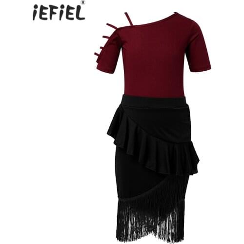 Kids Tassel Latin Dance Dress Girls Short Sleeve Dance Leotard Ruffle Fishtail Skirt Set Ballroom Tango Prom Dance Party Dress