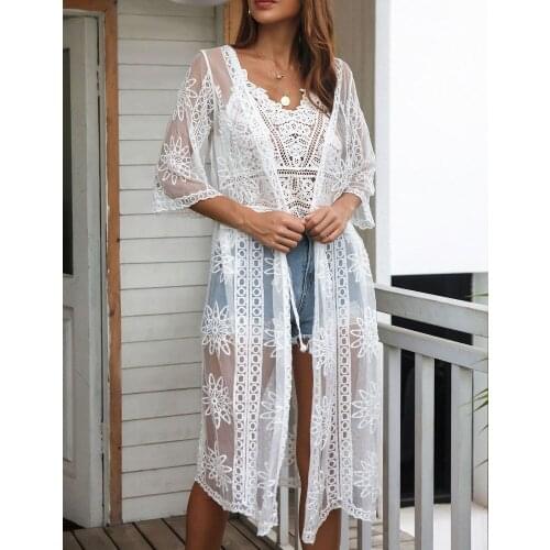 Kimono Embroidery Lace Hook Floral Cardigan Bikini Cover Ups Fashion Casual Beachwear Holiday Beach Blouse White Black 2021 New