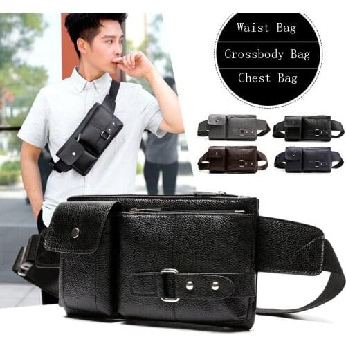 Leather Waist Bag Men Fashion Shoulder Bag Solid Color Sports Phone Pouch Male Hip Waist Pack Chest Bags Men Belt Pack