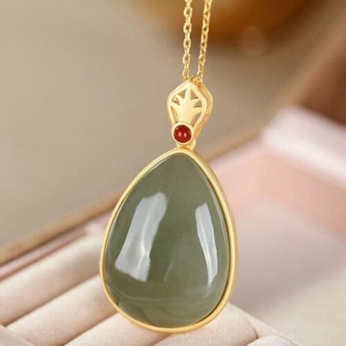 Natural Hetian Jasper Water Drop Shaped Pendant Necklace Chinese style retro minority design elegant light luxury Christmas gift