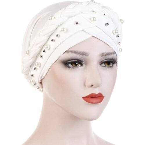 Trendy muslim cotton hijab caps solid color pearl wrap turban bonnet arab headdress Inner hijab cap Islamic head cover for women