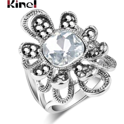Kinel Fashion Austria Crystal Flower Ring Silver Color Wedding Engagement Cubic Zirconia Finger Rings For Women Vintage Jewelry
