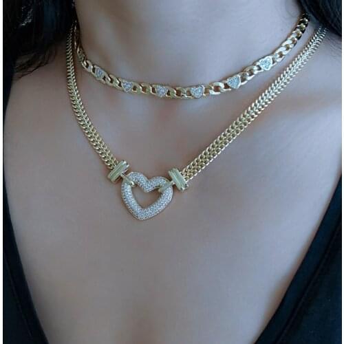 Fashion Gold Cuban Link Chain Choker Necklace Love Heart Punk Silver Color Cubic Zirconia Collar Necklace For Women Jewelry Gift