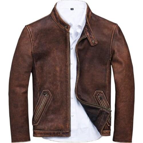 Distressed Cow Leather Jacket and Coats For Men European Vintage Plus Size 5XL Mens Genuine Leather Jacket Vintage Clothing A006