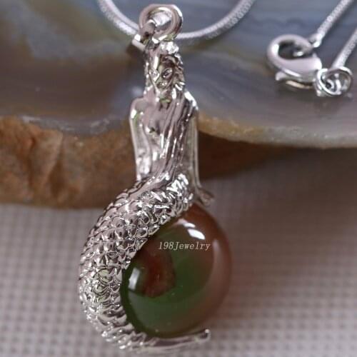 Natural Stone Mermaid Pendant Round Bead Orange Green Onyx Necklace Pendant E855