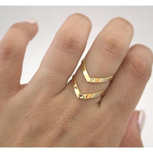 New Fashion Bohemian Double V Hollow Geometric Rings For Women Jewelry Simple Open Jiont Rings Dainty Bague Femme