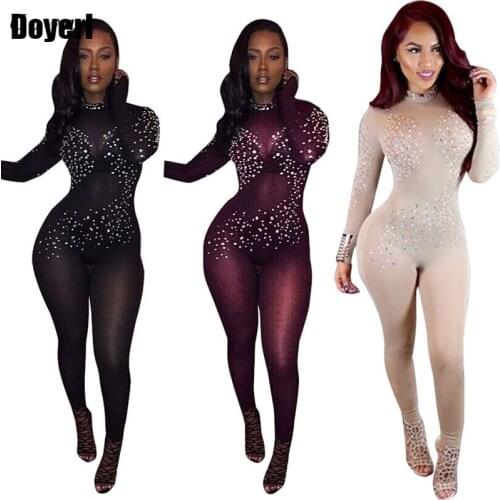 Long Sleeve See Through Bodycon Jumpsuit Women Rhinestone Embellished Sexy Sheer Mesh Transparent Long Rompers Club Jumpsuits
