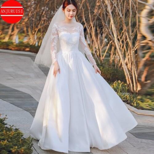 Long Sleeve Wedding Dress 2021 Vestidos De Novia Scoop Floor Length Satin Lace Appliques Bride Gown Robe Mariage Trouwjurk Boda