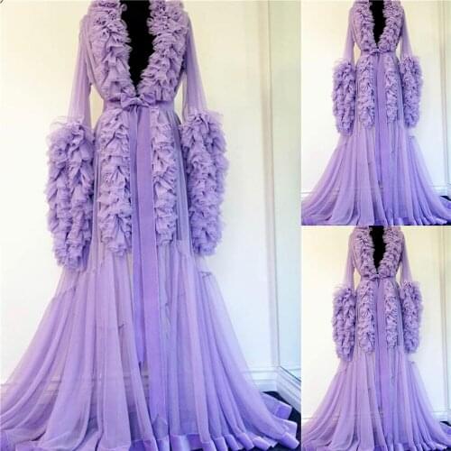 Chic Purple Pregnant Women Dresses Brida Tiered Ruffles Bathrobe Sleepwear Dress Bride Party Wedding Robe Nightdress