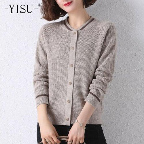 YISU Sweater Cardigan Women O-Neck Warm Knit cardigan 2021 Spring Autumn Long Sleeve Sweater Coat Solid color Cardigan Women