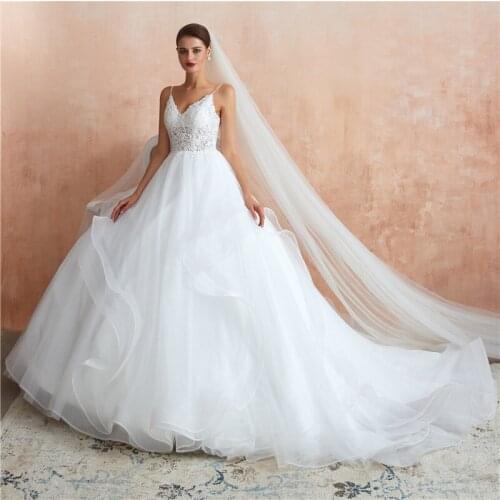 In Stock Tulle Spaghetti Straps V-Neck Ruffles Vestidos de novia Mariage Robe mariage Trouwjurk Plus size wedding dress 34369