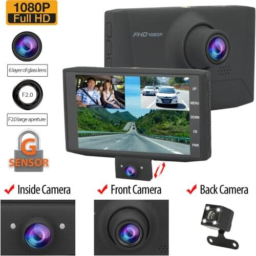 4'' 1080P HD 3 Lens Car DVR Video Dash Cam Camera Video Recorder Night Vision DashCam with Rearview Camera