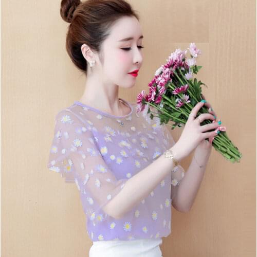 Women 's Spring Summer Style Chiffon Shirt Women' s o Ruffles O-Neck Printed Short Sleeve Korean Lace Tops DD8649