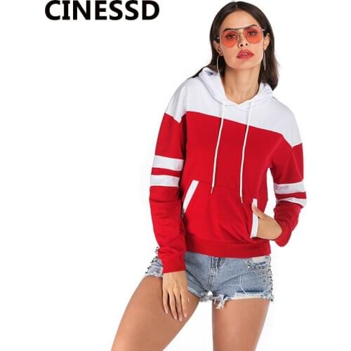 CINESSD Women Patchwork Hooded Sweatshirts Drawstring Long Sleeve Pullover Casual Loose Autumn Winter Pocket Hoodies Sweatshirts