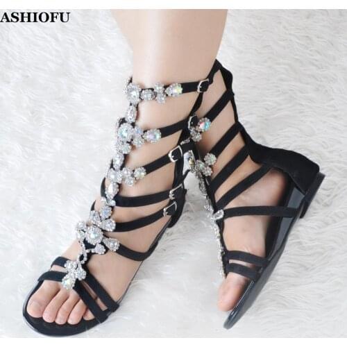 ASHIOFU Handmade Hot Sale Ladies Flat Sandals Crystals Party Prom Summer Shoes Beach School Casual Daily Wear Fashion Sandals