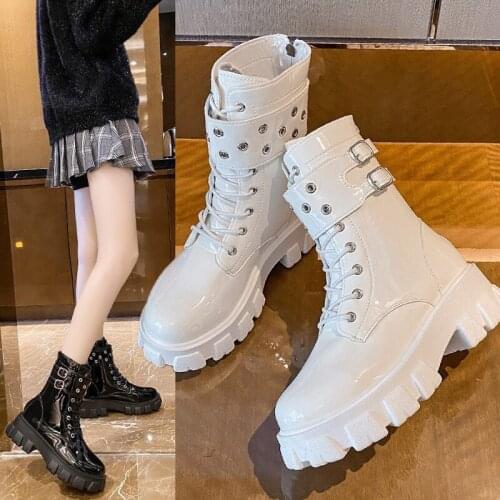 Women Ankle Boots 2021 PU Leather Buckle Slip On Ladies Platform Boots Womens Fashion Shoes Female Footwear Autumn Winter