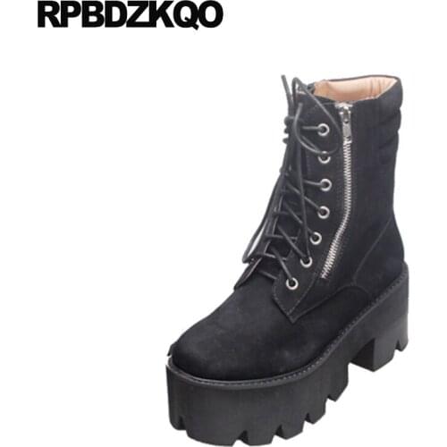 High Heel Women Ankle Boots 2021 Round Toe Chunky Platform Shoes European Black Fall Autumn Short Genuine Leather Suede British