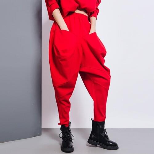 2021 Spring New Fashion Red Solid Baggy Pockets Causal Loose Big Size Women High Waist Harem Pants Mom Trousers High Waist XC462