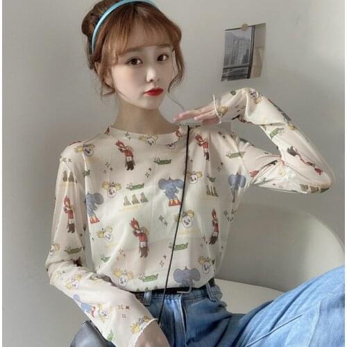 Women Summer Beach Style Mesh Sunscreen Top Harajuku Cartoon Print Gauze T-shirt Fashion Sunscreen