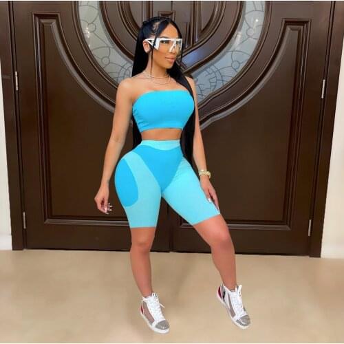 Activewear Womens Sport Suit Color Block Patchwork Strapless Crop Top and Stretchy Biker Short Cycling Fitness Two Piece Sets