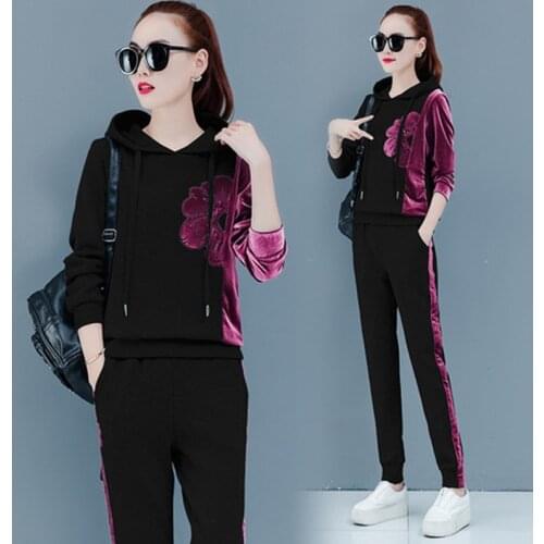 Woman Tracksuit Clothes 2019 New Spring Autumn Velour Patchwork Two Piece Set Women Long Pant Knitted Sportsuit Outfit AA4999