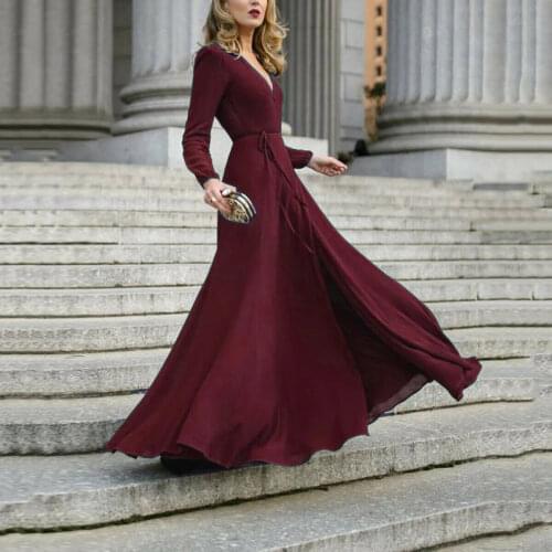 Evening Party Bodycon Elegant Long Dress Women Bandage Belt Club Long Sleeve Vestidos Solid V-neck Dresses Ladies Maxi Dress