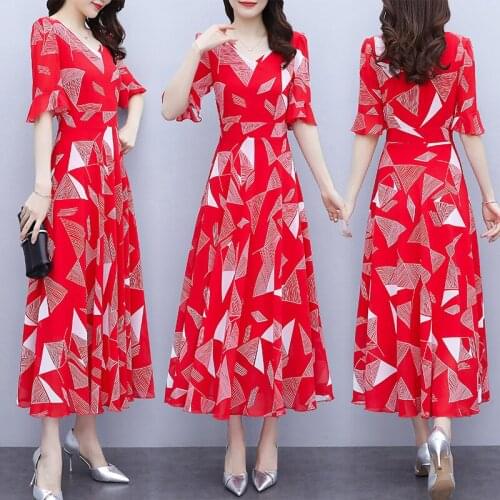 Oversized Summer Women Fashion Red Short Sleeve Floral Chiffon V-Neck Dress 2021 Korean Temperament Fairy Long Skirts 5XL A697