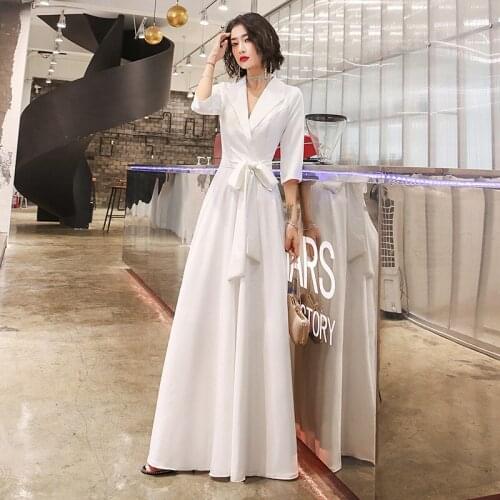 Sexy Suit V-Neck White Seven Points Sleeve Evening Dress Women Back Zipper Formal Gowns Robe De Soiree Cheongsam 3XL