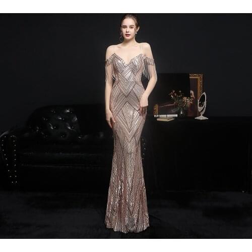 2022 Robe De Soiree Champagne Gold Sequin Evening Dresses Long Dress Formal Dress Vestido De Festa V-Neck Mermaid Evening Dress