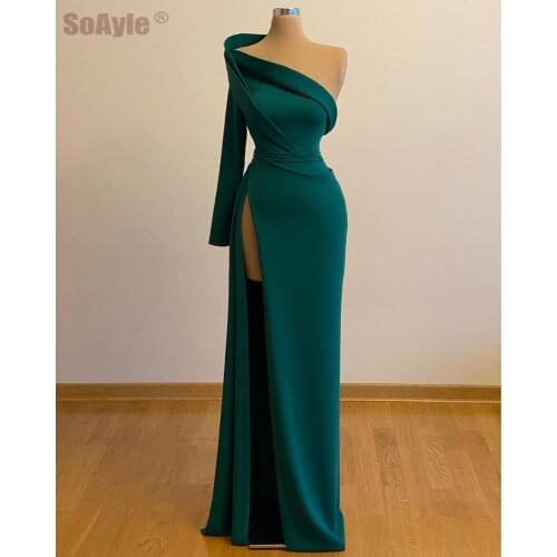 SoAyle Green Evening Dress Sexy Split Side Deep V-Neck Evening Dress for women One Shoulder Plus Size Vestidos de Fiesta