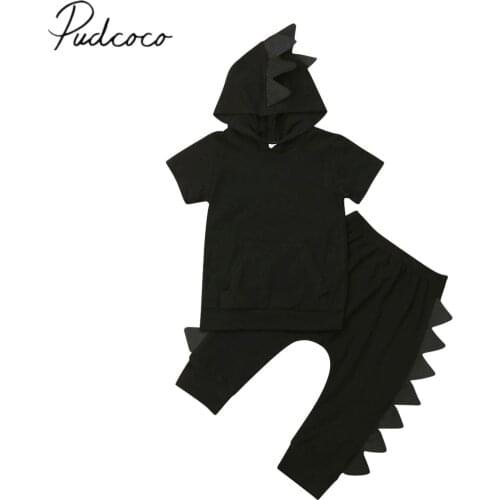 2019 Baby Summer Clothing 1-5Y Toddler Kids Baby Boy Dinosaur Clothes Sets Black Solid Hooded Tops T-shirt Pants Trousers Outfit