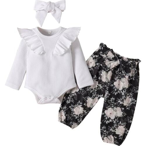 Baby Girl Clothes Fresh Solid Color Fly Long Sleeve Romper Flower Long Pants Bow Headband 3Pcs Clothing For Girls 0-24M Baby Set