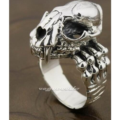 925 Sterling Silver Tiger Skull Openable Tusk Fang Mens Biker Punk Ring 8D003 US Size 9.5