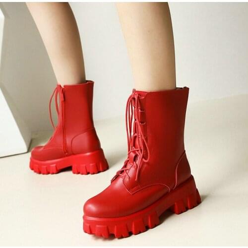 Womens Thick Soled Martin Boots Imitation Leather Profiled Heel Punk Style Motorcycle Boots with Zipper Lace Up Womens Shoes