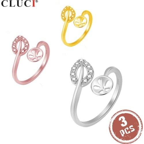 CLUCI 3pcs Silver 925 Leaf Shaped Women Adjustable Ring Zircon Pearl Ring Mounting Jewelry SR2087SB