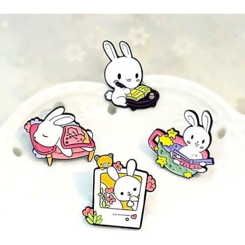 Rabbit Enamel Brooch Daily life of baby rabbits Cute animal Lapel Pin Sleeping Cup Star Flower do homework Creative Badges