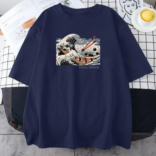 The Great Sushi Wave Cool Print Womens T-Shirt Fashion INS 2021 T Shirts Harajuku Loose T Shirts O-Neck Black Tee Shirt Summer