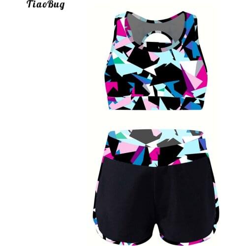 TiaoBug Summer 2Pcs Kids Girls Outfit Set Round Neck Sleeveless Tank Top Short Suit For Work Out Dance Yoga Swimming Gym Fitness