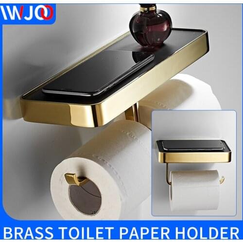 Brass tissue holder bathroom gold Lengthen toilet paper holder with shelf Hotel Mobile Phone Organizer roll paper towel holder