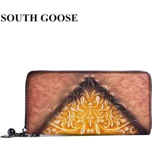 SOUTH GOOSE Hot Sale Women Wallet Genuine Leather Female Long Wallet Flower Embossing Retro Clutch Purses Phone Bag Card Holder